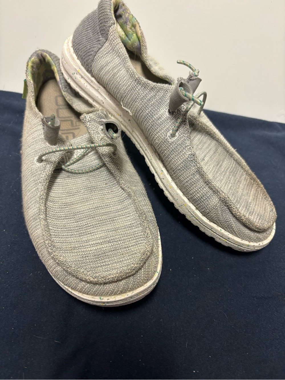 Hey Dude Women's Size 7 Gray Knit Slip-On Loafers with Mint Accents